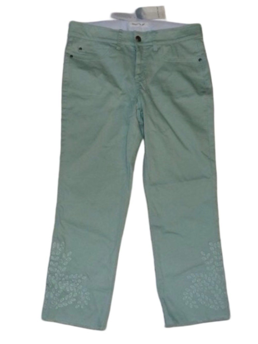 Skye’s the Limit Mint Green Embroidered Hem Pants Women’s Straight Crop Leg Sz 8